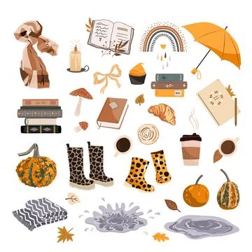 Autumn symbols doodle elements collection. Cozy books, pumpkins, wellies, a.. Stock Illustration