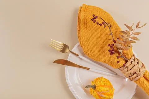 Autumn table setting with pumpkin decorations Stock Photos