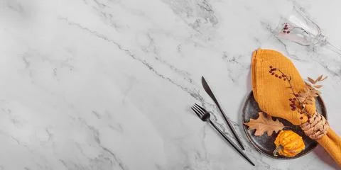 Autumn table setting with pumpkin decorations Stock Photos