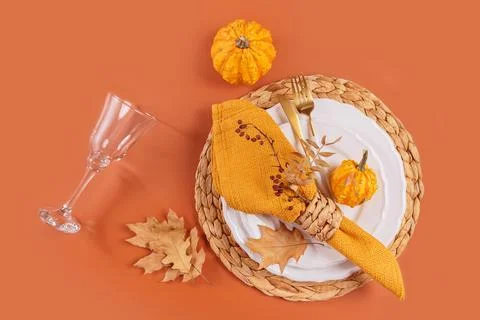 Autumn table setting with pumpkin decorations Stock Photos