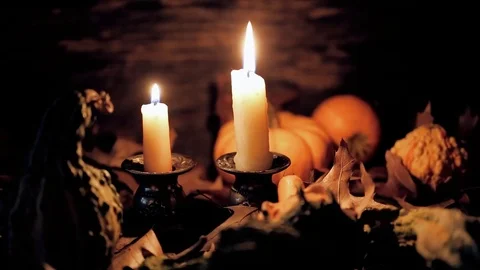 Autumn table setting with pumpkins and candles, fall home decoration for festive Stock Footage 83736676