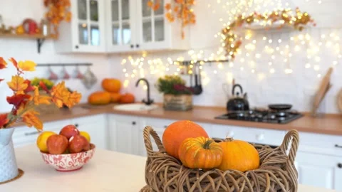 Autumn table setting with pumpkins. Thanksgiving dinner and autumn decoration. Stock Footage 139710235