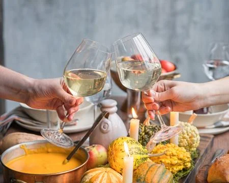 Autumn table setting with pumpkins. Thanksgiving dinner and fall decoration. Stock Photos