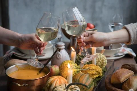 Autumn table setting with pumpkins. Thanksgiving dinner and fall decoration. Stock Photos