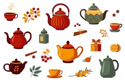 Autumn tea herb set. Vector illustration of tea party elements Stock Illustration