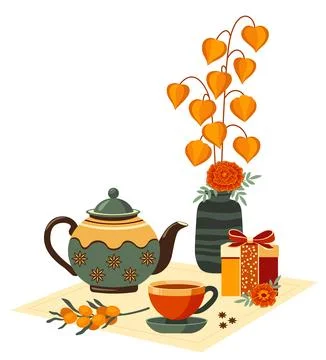 Autumn tea party elements, teapot, teacup, spices, flowers, berries Stock Illustration