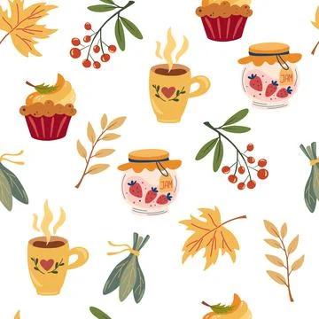 Autumn tea party seamless pattern. Hand draw tea mugs, jars of jam, pumpkin p Stock Illustration