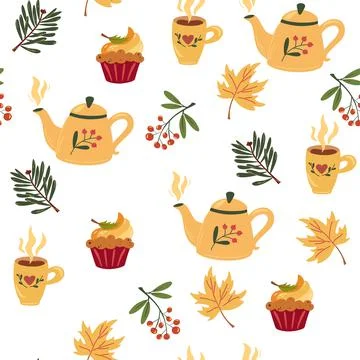 Autumn Tea party seamless pattern. Teapot, cup, cake, autumn leaves and berri Stock Illustration