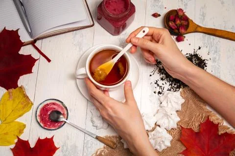 Autumn tea at the table Stock Photos