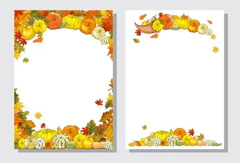 Autumn templates whith cornucopia, pumpkins on white background. Stock Illustration
