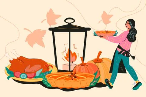 Autumn Thanksgiving party or dinner invitation template flat vector. Stock Illustration