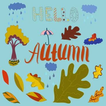 Autumn theme hand drawn elements arranged individually. Stock Illustration