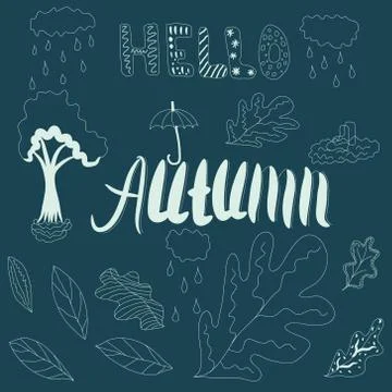 Autumn theme hand drawn elements arranged individually. Stock Illustration