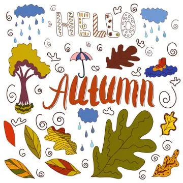Autumn theme hand drawn elements arranged individually. Illustrazione stock