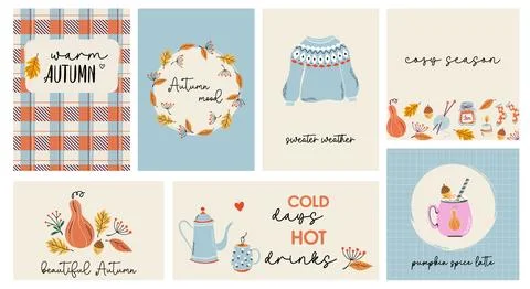 Autumn themed card set. Fall mood prints with essential autumn elements. Stock Illustration