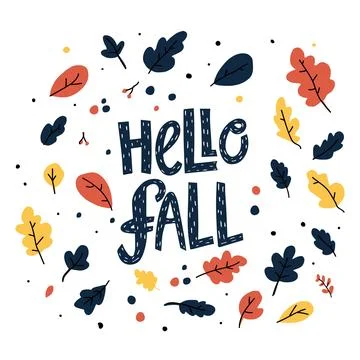 Autumn-Themed Hello Fall Design with Colorful Leaves for seasonal greetings Stock Illustration