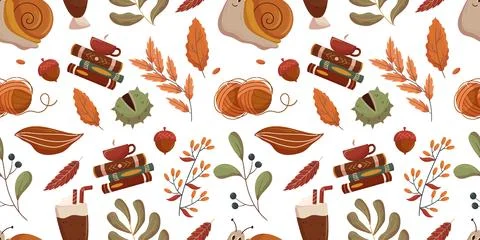 Autumn themed seamless pattern showcasing cozy elements such as books, cups of 库存插图