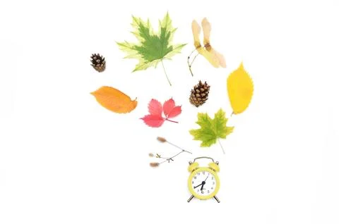 Autumn Time Change, Fall Back, Thanksgiving Maple Leaves and an Alarm Clock Foto stock