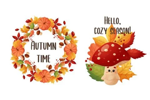Autumn time. Postcard designs, fall cute fly mushroom, frame with leaves. Stock Illustration