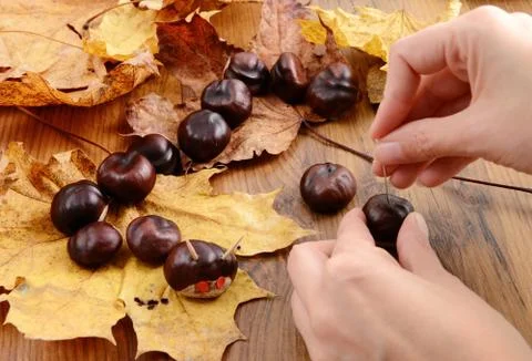 Autumn tinker creative figures of Chestnuts Stock Photos