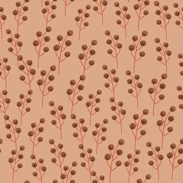 Autumn tones seamless pattern with abstract brown little berries silhouettes. Illustrazione stock
