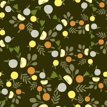 Autumn tones seamless pattern with apple shapes and leaf silhouettes. Green o Illustrazione stock
