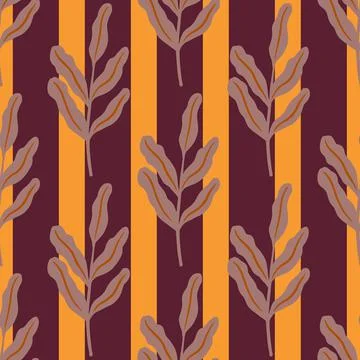 Autumn tones seamless pattern with botanic leaves on branches print. Striped  Stock Illustration