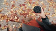 Autumn. Top View Of Young Stylish Woman With Smart Watches Holding Cup Of Coffee Stock Footage