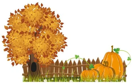 Autumn tree and pumpkins Stock Illustration
