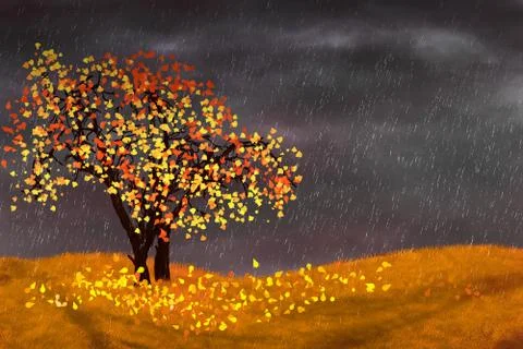 Autumn tree and rain Illustrazione stock