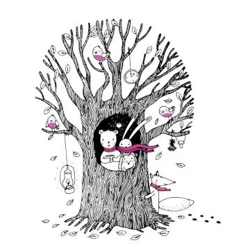 Autumn tree, bear, hare, hedgehog, fox and birds. Stock Illustration
