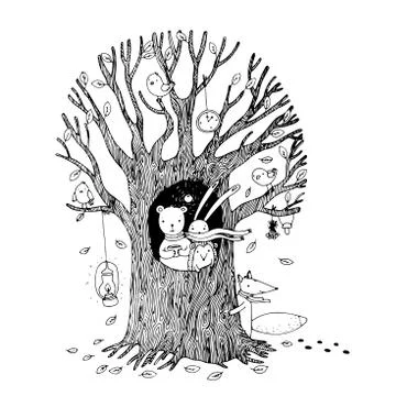 Autumn tree, bear, hare, hedgehog, fox and birds. Stock Illustration