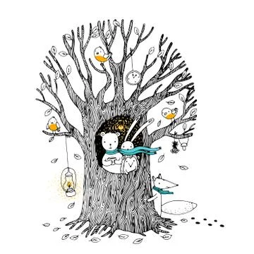 Autumn tree, bear, hare, hedgehog, fox and birds. Stock Illustration