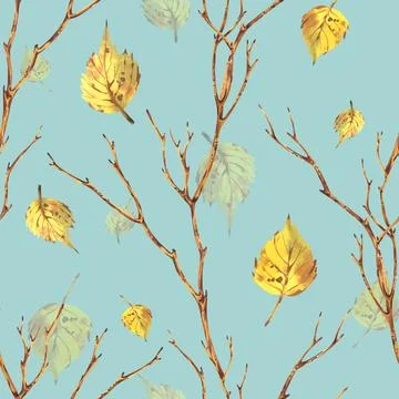 Autumn tree branches, trees, brown with falling yellow birch leaves, autumn Stock Illustration