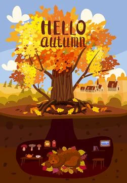 Autumn tree colorfull, cute Bear is sleeping in a burrow, hole. Fall background Illustrazione stock
