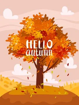 Autumn tree colorfull, fall background rural countryside landscape, yellow 스톡 일러스트
