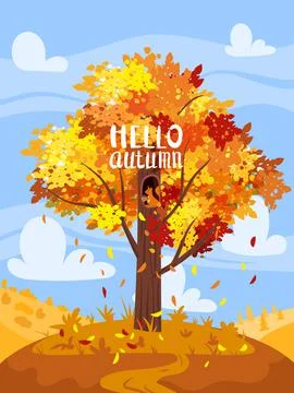 Autumn tree colorfull, fall background rural countryside landscape, yellow Illustrazione stock