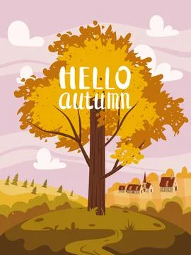 Autumn tree colorfull, fall background rural countryside landscape, yellow 스톡 일러스트