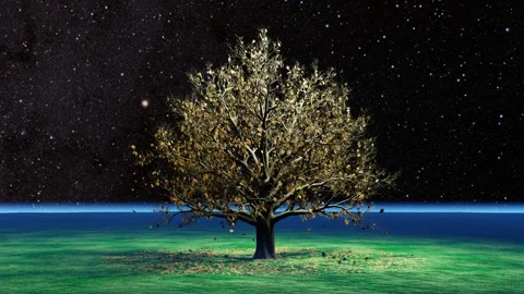 Autumn tree with falling yellow leaves on the grass, starry background Stock Footage 284540168