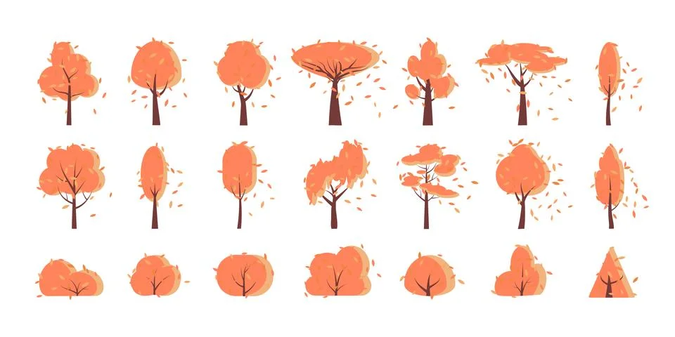 Autumn tree flat leaf bush icon forest vector set Stock Illustration