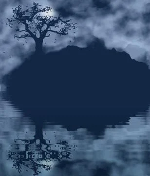 Autumn tree landscape with water reflection Illustrazione stock
