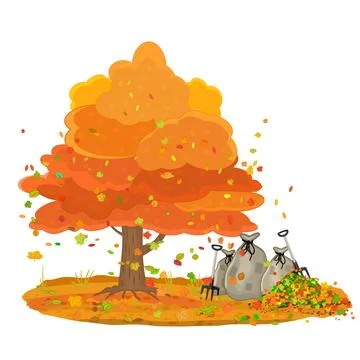 Autumn tree, leaf and full sacks with leaves isolated on white background. Stock Illustration