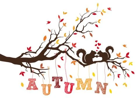 Autumn tree with squirrels, vector Stock Illustration