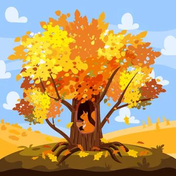 Autumn treee oak with cute squirrell, acorn in hollow. Fall landscape yellow  Stock Illustration