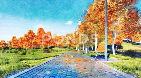 Autumn trees in a city park watercolor landscape Stock Illustration