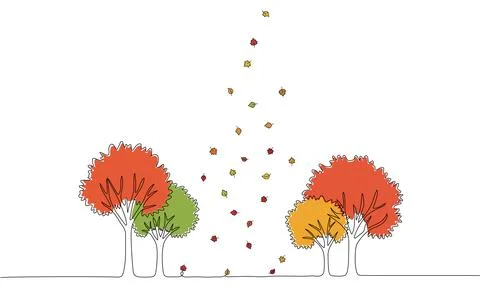 Autumn trees with falling leaves continuous one line drawing of nature tree.. Stock Illustration