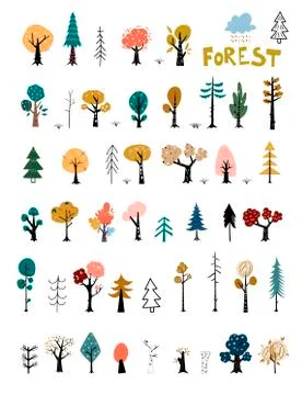 Autumn trees. Fruit trees in a flat style. Autumn Forest. Scandinavian style. Stock Illustration
