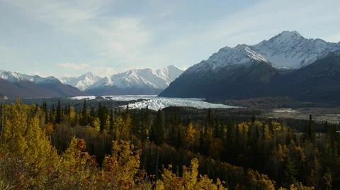 Autumn Trees, Glacier, Distant Mountains Stock Footage 38093714