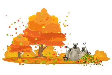 Autumn trees, leaf and full sacks with leaves isolated on white background. Stock Illustration