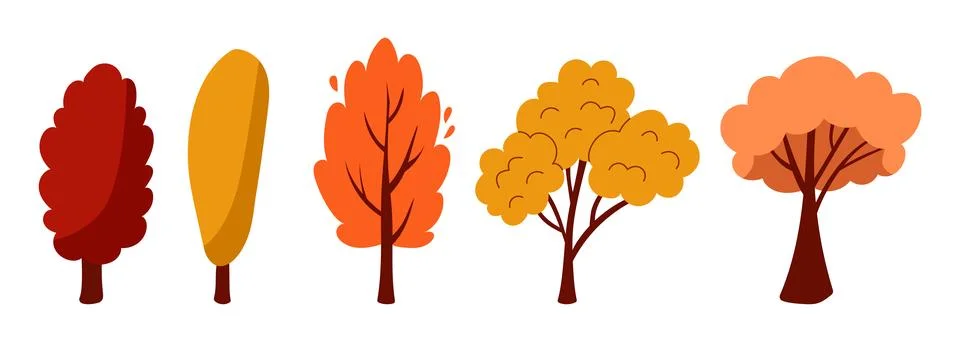 Autumn trees set with bright fall foliage isolated on clean white background Stock Illustration